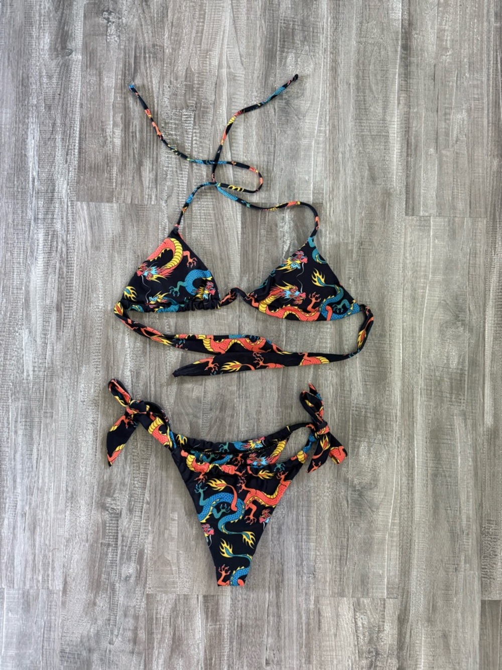 Women’s Black Dragon Print Tie-Side Bikini - Vibrant Multi-Color
